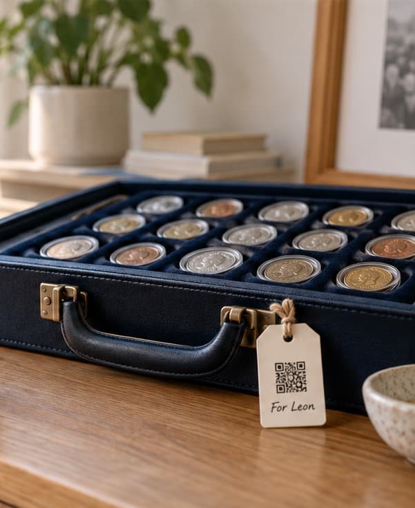 A coin collection in a navy case on a wooden sideboard, with a paper tag handwritten For Leon