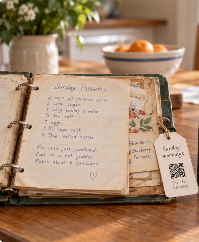 An open family recipe binder for Sunday pancakes, with a paper story tag tied to it